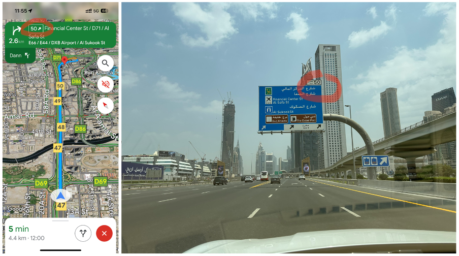 Navigationsbild von Google und eine aktuelle Verkehrsituation während der Autofahrt in Dubai