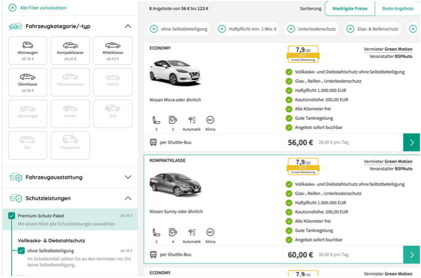 Extract from cheap rental cars. You can see which cars can be rented at which prices in Dubai