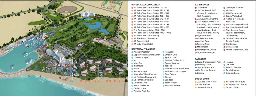 Karte vom Hotel JA Resort, welches alles Restaurants und Attraktionen aufzeigt
