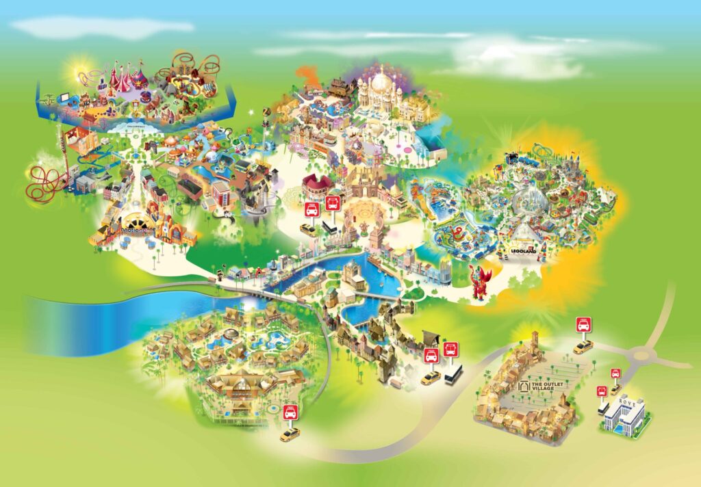 Cette carte présente les parcs à thème de Dubaï. Où se trouvent Legoland et Motiongate. A voir aussi les hôtels, les stations de taxis et les restaurants