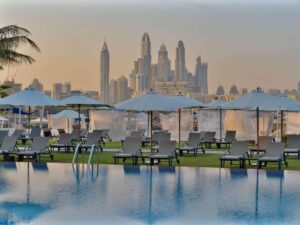 Rixos Ultra All-Inclusive Hotel in Dubai with a view of the skyline, right by the sea