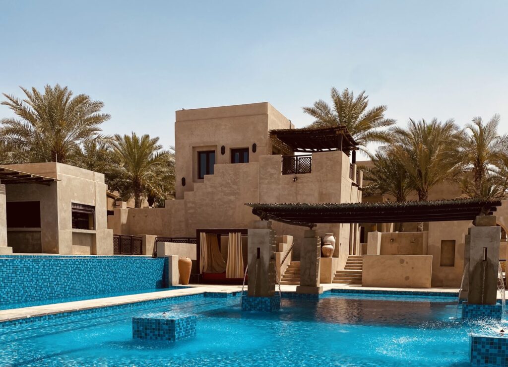 The pool area at the Bab al Sham desert hotel in Dubai
