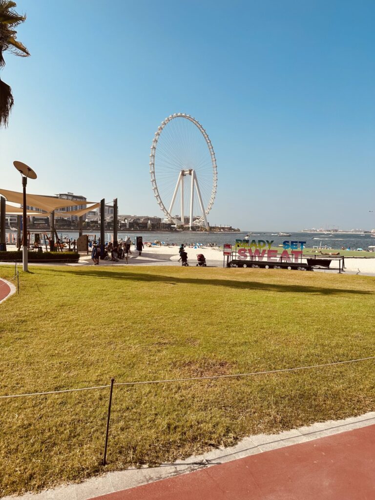 Ferris wheel at Bluewaterisland in Dubai. The view is from the JBR Beach Walk