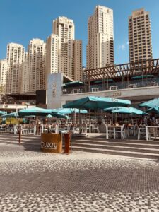 JBR in Dubai with its high-rise buildings on a 1.7 km long promenade with stores, restaurants and bathing facilities