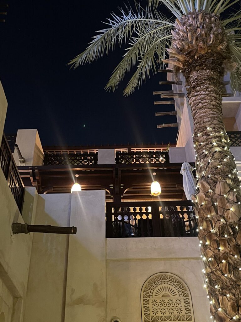 Souk Madinat in the foreground a palm tree